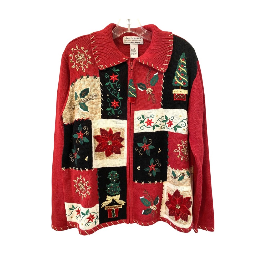 VTG Carly St Claire CHRISTMAS SWEATER Block Embroidered Beaded ZIP CARDIGAN sz L